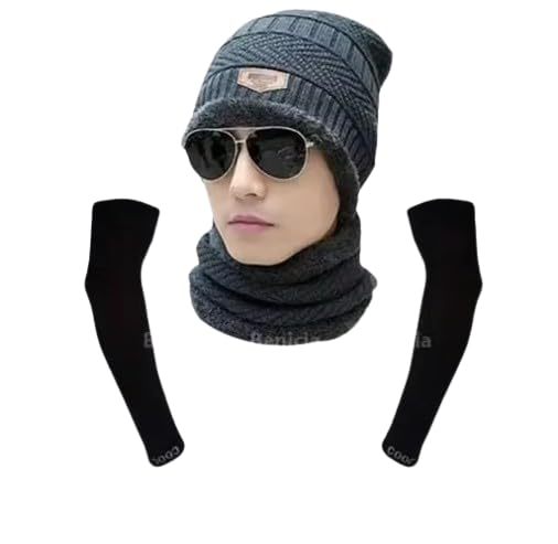 NEW COMBO OFFER For Men And Women Woolen Caps With Muffler And Gloves, Unisex Beanie Cap Set + 1 FREE PAIRS COOL ARM SLEEVES (Black)-image-6