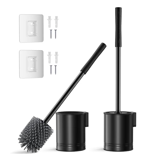 HAMITOR Brosse Toilettes WC Silicone et Acier Inoxydable - Brosse WC Suspendu Noire,Nettoyage Facile Salle de Bain - Balai Toilette WC Murale en INOX Durable...