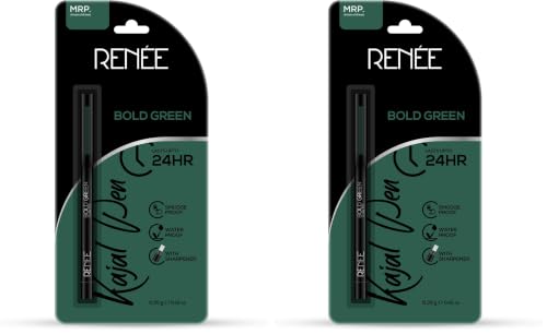 Image of RENEE Kajal Pen with Sharpener - Bold Green 0.35gm 24 Hrs Stay Long Lasting Kohl Pencil, Matte Finish, Rich Color Payoff, Smudge & Water Proof with One Swipe Application Formula (Pack of 2)