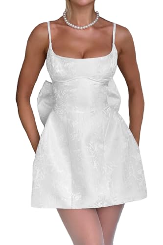 Cudiew 2026 Homecoming Dresses Satin Corset A Line White HOCO Short for Teens Floral Jacquard Prom Dress with Bow Mini Bridal Shower Gown Size 14