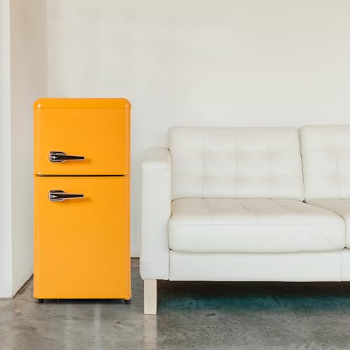 Refrigerador compacto y pequeño con congelador, refrigerador retro de doble puerta con termostato ajustable de 7 niveles para garaje, dormitorio, oficina.,Yellow