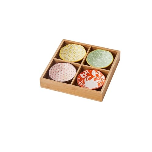 Hrzisda 豆皿、小皿、セット、薬膳皿、小鉢、陶器、竹、仕切り盆、多機能食器、調味料、デザート、醤油、デザート、前菜、おかず、レストラン、鍋、焼肉店、寿司店、家庭用、業務用 (4マス格子+丸皿,スタイル1)
