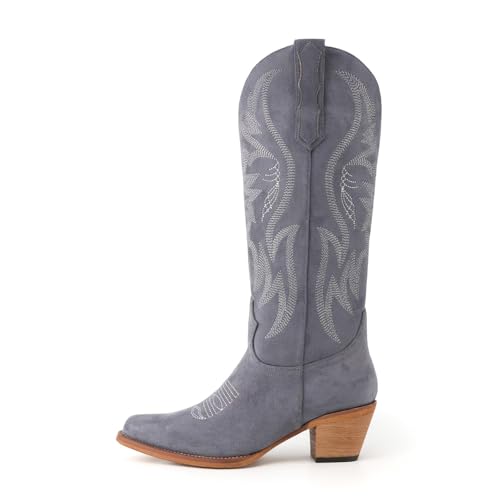 Image of KaroNairy Women Cowboy Boots Faux Suede Embroidered Pointed Thick Heeled Western Wide Calf Cowgirl Ponited Toe Mid Calf Boots