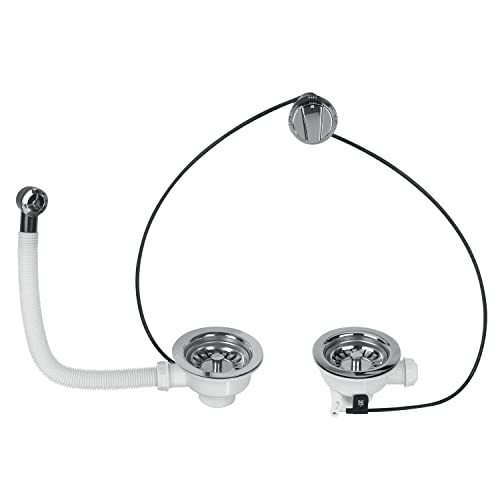 Wirquin 30723992 Bonde ø90 pour évier 2 bacs, plastique et métal, avec trop-plein exterieur et commande à câble, chromé