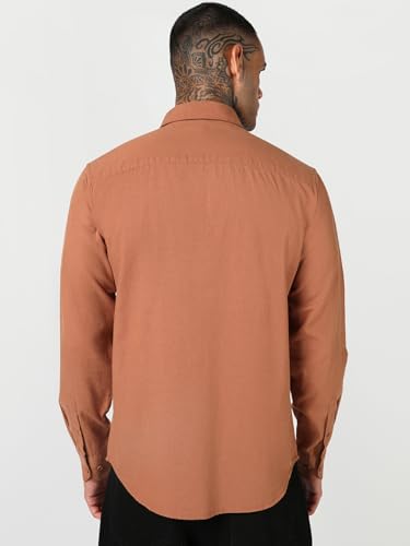 Image of Bewakoof Mens Solid Regular Fit Full Sleeve Collar Cotton Linen Blend Shirt
