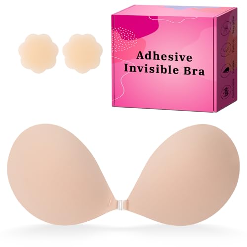 Image of Invisible Strapless Sticky Bra Push up for Women, Adhesive Bra for Backless Dress, Silicone Cleavage Lift with Nipple Covers Cream D Cup