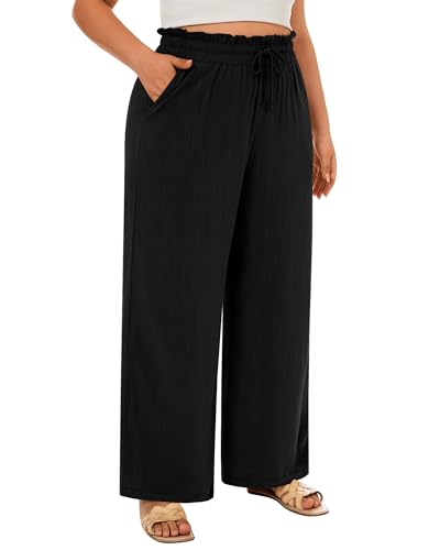 Neer Women's Plus Size Linen Pants High Waist Wide Leg Casual Drawstring Loose Straight Palazzo Pants with Pockets3