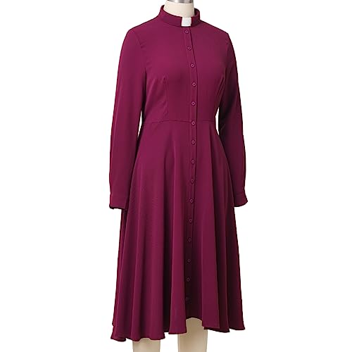 Image of FAD-4U Church Clergy Dress for Women Long Sleeve Rows Buttons A Line Dress with Tab Collar