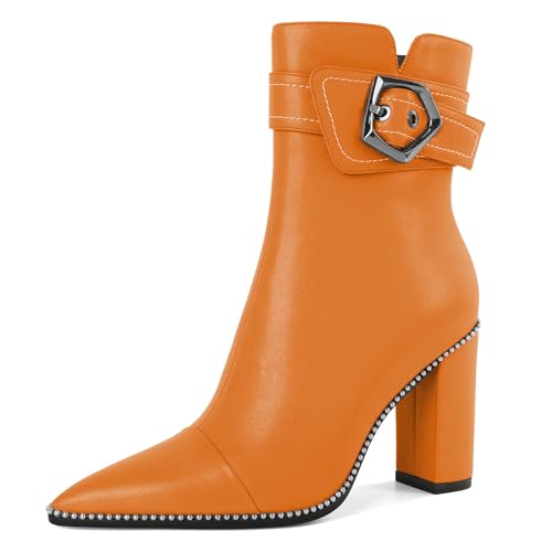 Zamikoo Womens Boots Ankle Chunky Heel Pointed Toe Beaded High Heeled Fall Short Booties