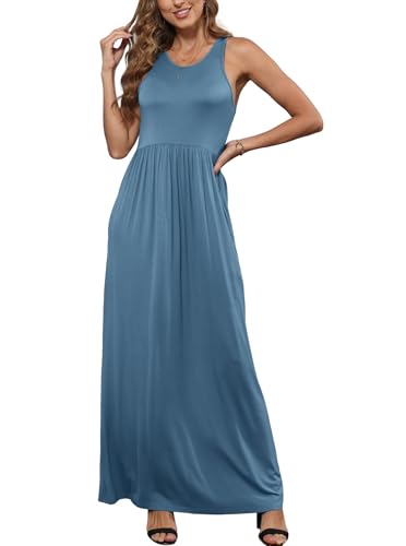 Image of EUOVMY Women's Sleeveless Dress Casual Plain Loose Summer Long Maxi Dresses with Pockets