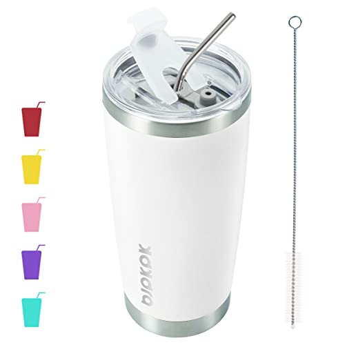 Image of BJPKPK 20 oz Coffee Tumbler with Lid, Straw, Insulated Stainless Steel Mug | Double Wall Vacuum, Keeps Hot /Cold, BPA Free, Leak Proof, Iced Coffee Cup Fit Car Holder, Travel & Beach Ready, White