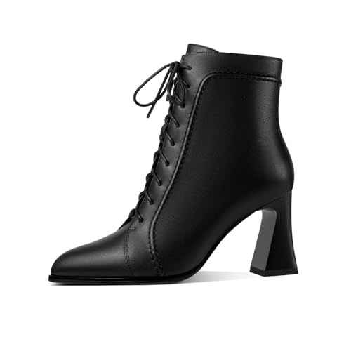 TinaCus Women's Pointed Toe Genuine Leather Handmade Zipper Spool Mid Heels Lace Up Stylish Ankle Boots2