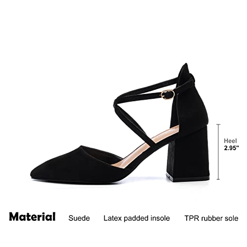 Zaynsia Women’s Chunky Heels Closed Pointed Toe Pumps Crossed Ankle Strap Comfortable Block Heels Dress Pump Shoes Black/Suede #TOP2