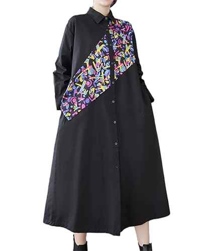 Image of ellazhu Womens Fall Casual Patchwork Funky Long Sleeve Designer Dress Loose Blouse GY2787 A