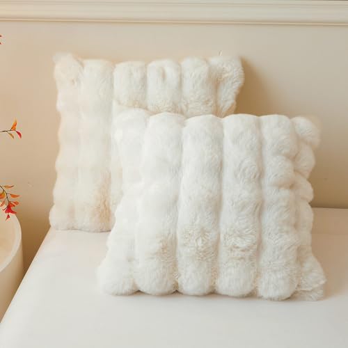 LIFEREVO 2 Pack Fluffy Faux Rabbit Fur Throw Pillow Covers, Luxury Plush Shaggy 18x18 Bubble Waffle Cushion Covers Zipper Closure, Decorative Furry Fuzzy Ivory Pillow Shams Bedroom Living Room, Beige