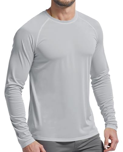 PLUMZJOY Mens UPF 50+ Long Sleeve SPF Diving Rash Guard UV Sun Protection Shirts for Outdoor Fishing Hiking Running Swimming Light Grey L