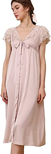 Robe de nuit longue en satin de soie rose L respirante avec col V anti-irritation