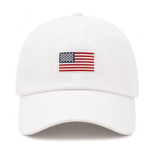 USA Flag & Embroidery Premium 100% Cotton Low Profile Adjustable Baseball Dad Cap (Flag-White)
