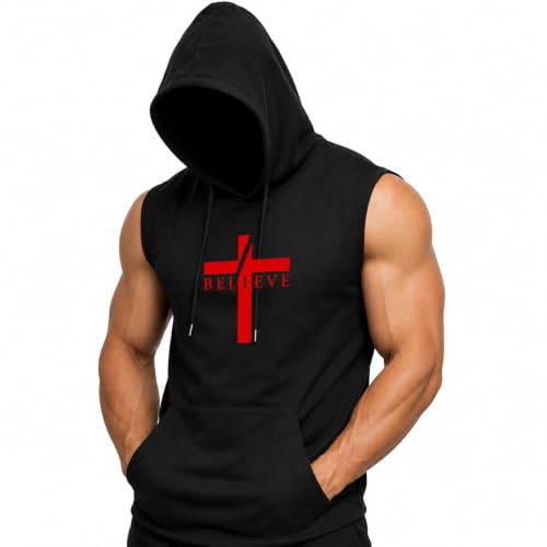 Image of Men's Plus Size Sleeveless Hoodie, Black Gym Workout Hooded Tank Top with Front Pocket and Graphic Print (UK, Alpha, XXL, Plus, Regular)
