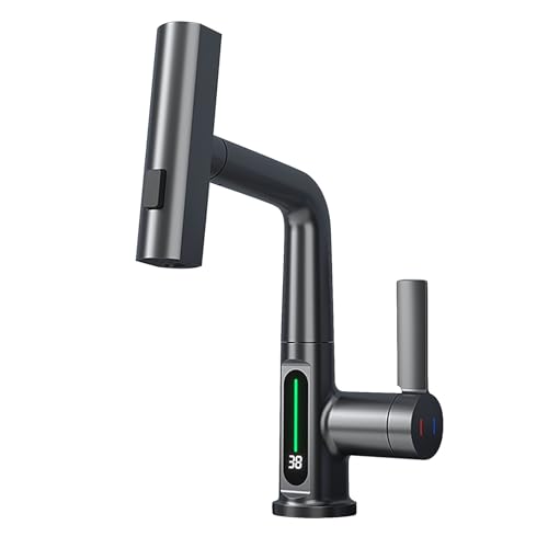 Robinet de cuisine extensible avec affichage de la température LED, pivotant à 360°, 3 modes de jet d'eau, mitigeur cascade pour cuisine, salle de bain...