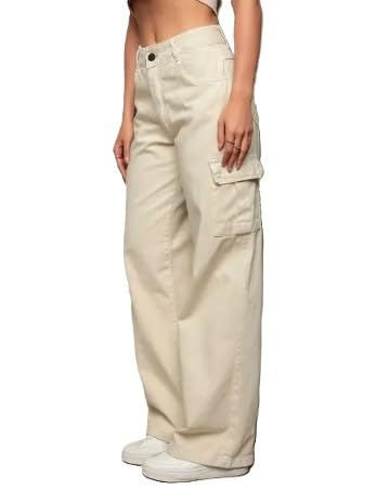 Women's Beige Wide Leg Cargo Pants with Side Pockets-image-40