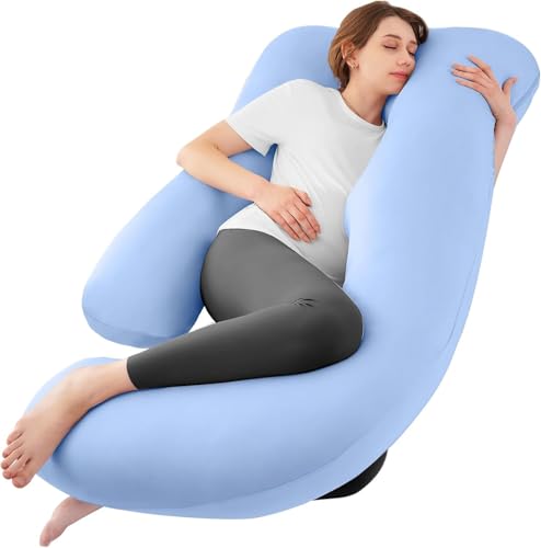 Image of Cooling Pregnancy Pillows for Sleeping, 65'' Full Body Pillow, Light Blue | Sasttie Maternity Pillow, OEKO-TEX, Down Alternative, Removable Cover, Pregnant Women Must Haves, Maternity Essential