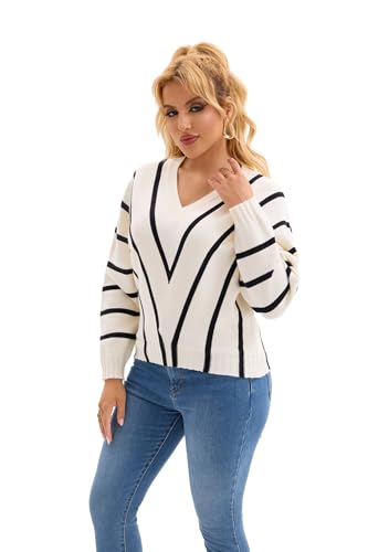 Froggirl Women's Batwing Sleeve V Neck Striped Sweater – Loose Fit Pullover Jumper for Spring Fall 20254