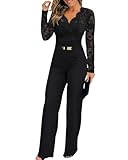 CHICME Womens Dressy Lace Jumpsuit 2025 Casual Fall Long Sleeve V-Neck Straight Leg Overalls Black-XL