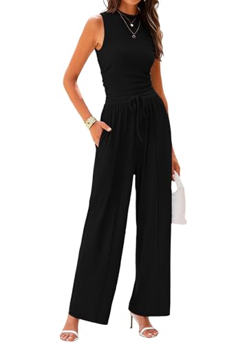 Rayson Conjunto para Mujer de Dos Piezas Casual Verano Top Sin Mangas y Pantalones Anchos de Cintura Alta con Bolsillos Chandal Colores Sólidos Cordón(Negro,XL)