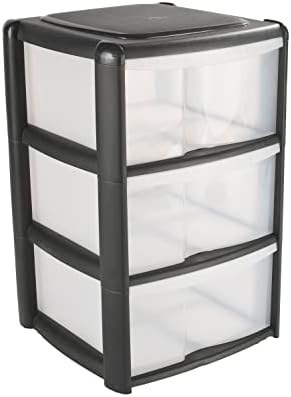 3 Drawer Plastic Storage Tower Unit, Black & Clear - Large - 3 x 20L ...