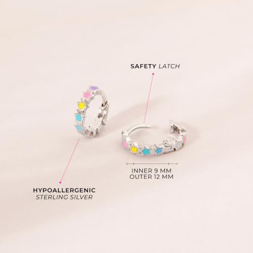 925 Sterling Silver Tiny Multicolor Enamel Star Huggie Hoop Earrings For Girls - Beautiful Multicolored Enamel Earrings For Children - Star Themed Jewelry for Young Girls4