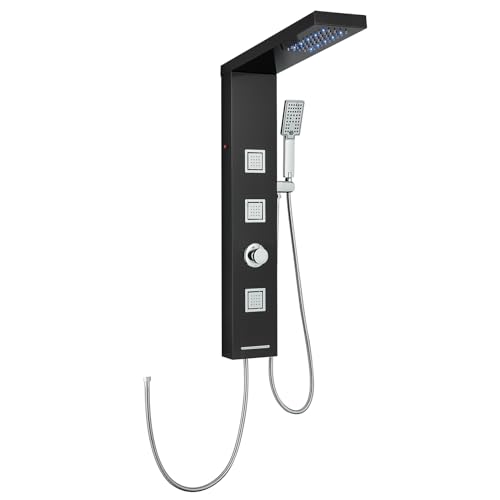 KINKIBOS Pannello doccia a LED senza rubinetto, 4 funzioni pannello doccia con doccia a pioggia LED, 3 ugelli massaggianti, doccetta e vasca da bagno, colonna doccia in acciaio inox 304, nero