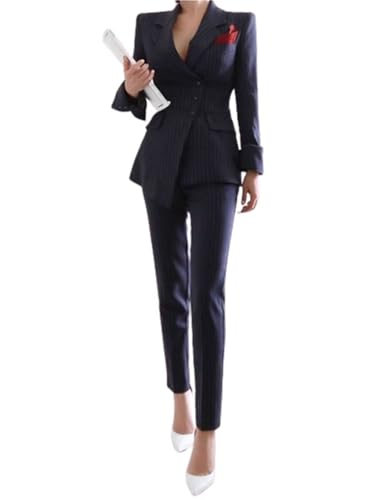 Women's Business Stripe Suit 2 Pieces Office Lady Slim Fit Jacket and Pants for Homecoming Banquet