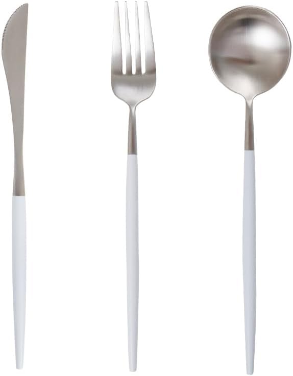 Silverware Flatware Set, 3/12/18/24/30/36 Pcs Portugal White And Silver 304 Stainless Steel Household Steak Knife, Fork And Spoon Set(12 Pieces for 4)