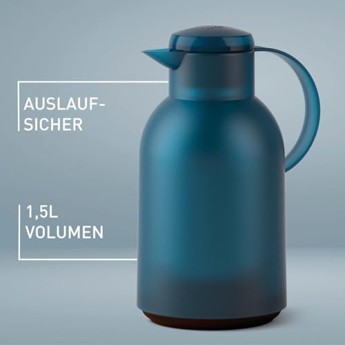 Emsa Samba Isolierkanne, 1,5 Liter Fassungsvermögen, Quick Press Verschluss, 100% dicht, 12h heiß und 24h kalt, mit Glaskolben, made in Germany, Transluzent/Ozeanblau, N4012000 2
