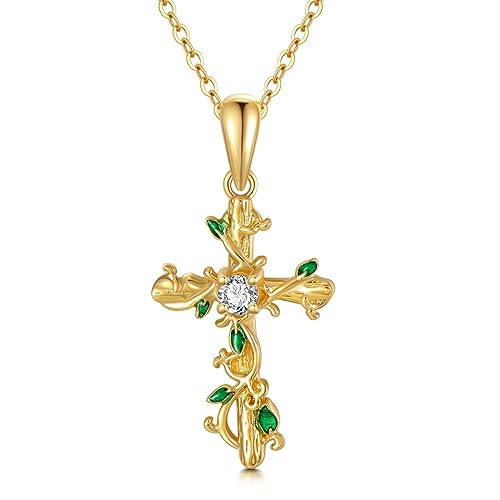 14K Gold Cross Pendant Necklace for Women Flower/Vine Cross Necklace Religious Cross Pendant Necklace Best Gifts for Mom/Wife/Love