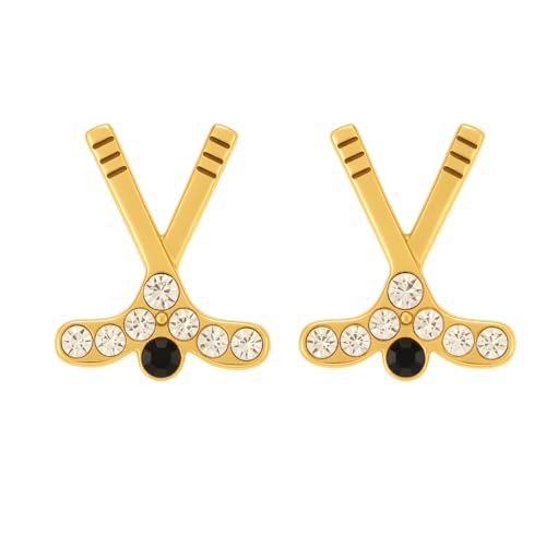 Infinity Collection Hockey Stick Earrings – Plated Studs with Sparkly Rhinestones, Ice Hockey Jewelry & Gifts for Female Players (Gold)