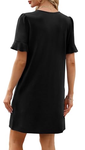 Image of OFEEFAN Summer Dresses for Women Ruffle Short Sleeve V Neck Casual Shift Dress with Pockets