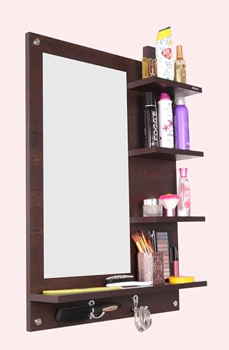 Image of Madhuran Blejaa Engineered Wood Wall Mounted Dressing Mirror with Storage Shelf | Rectangular Bathroom Wash Basin Vanity Mirror for Bedroom, Living Room & Makeup Area | 60 x 80 cm | Wenge