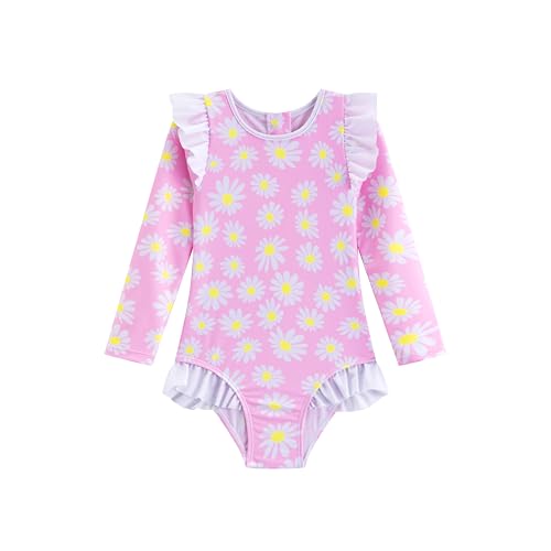 LIZENS Girls' Swimwear One Piece Scoop Neck Ruffle Long Sleeves Pink Daisy Floral Beach Bathing Suit for Kids