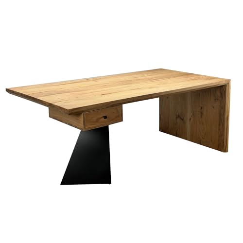 FineBuy Schreibtisch aus Massivholz Akazie 180 x 90 cm rechteckig mit Schublade - Moderner massiver Bürotisch mit Metall - Natur Holztisch Industrial Design
