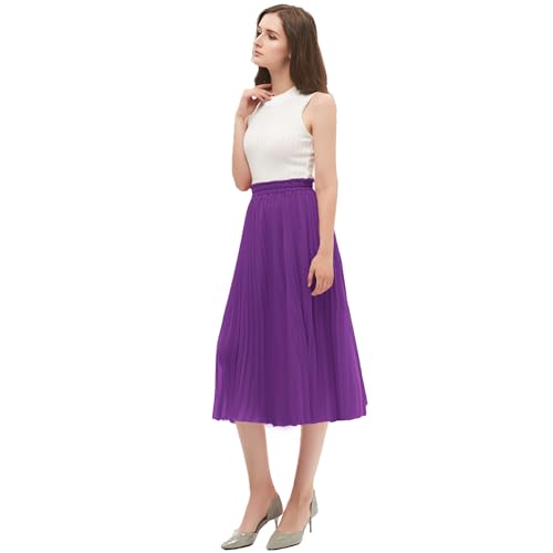 Image of GOOBGS Women's Pleated A-Line High Waist Flowy Midi Skirt