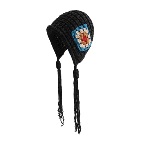 Bonnet femme crochet casquette tricotée motif floral avec oreillettes