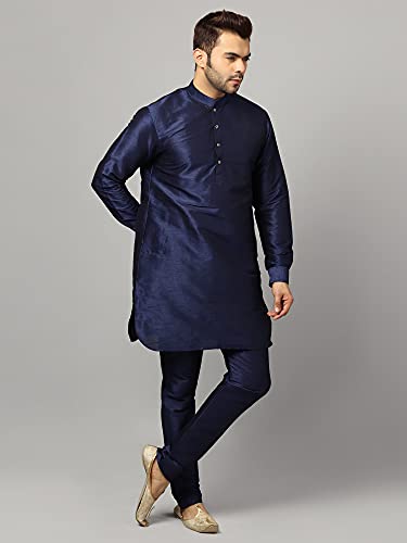 Image of Uri and MacKenzie Men's Silk Blend Solid Pathani Kurta with Readymade Pajama Pant Set