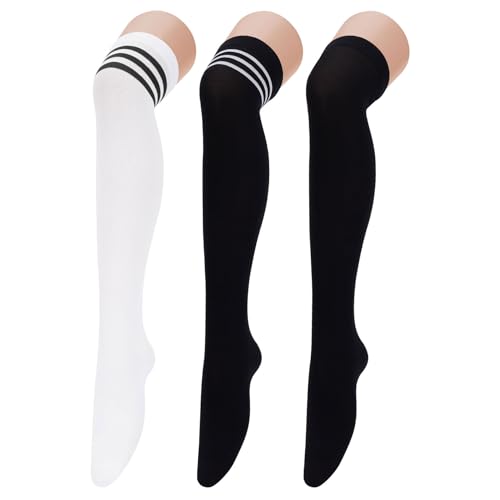 Image of Century Star Thigh High Socks 3 Pairs High Socks Over the Knee for Women Triple Stripe Thigh High Stockings Knee High Socks