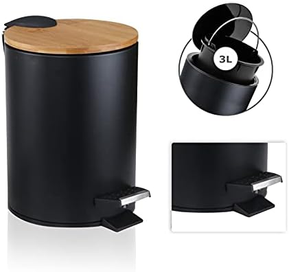 JOLIGAEA 3L Bathroom Bin, Pedal Bin with Stylish Design, Dustbin for Bathroom, Toilet, Restroom, Soft Close Bamboo Lid & Carry Handle, Removable Inner Small Bin, Black