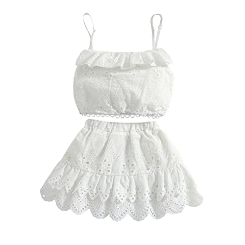 Kid Baby Girl's Summer Clothes Set Sleeveless Lace Ruffled Camisole High Waist Skirt Sweet Clothing (White, 5-6 Years)