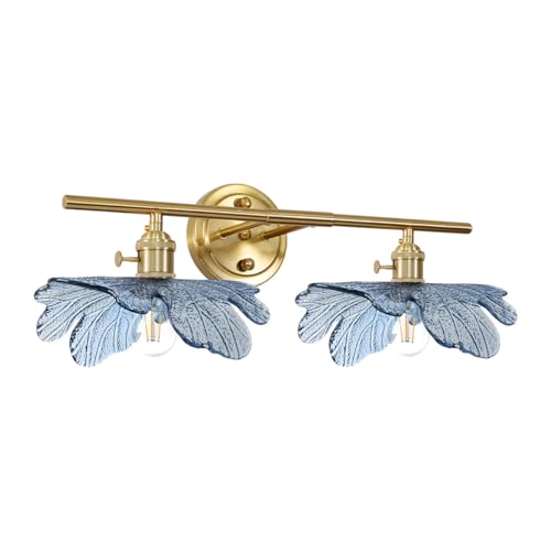 Image of 2 Light Bathroom Vanity Light Gold Brass Wall Sconce with Blue Flower Glass Shade Mid Century Wall Light Vintage Wall Sconce Art Deco Bathroom Lights Over Mirror for Bedroom Hallway Living Room
