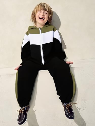 Image of Boys Clothes 2pcs Tween Boy Color Block Hoodie + Pants Little Boys Fall Winter Outfits Set, 4-12 Years