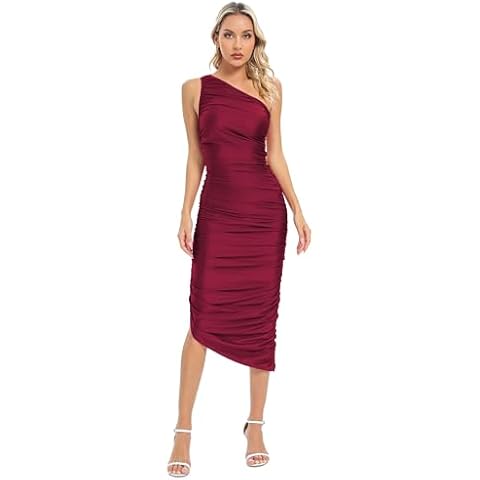 Capuffy Women's One Shoulder Pencil Dress Ruched Bodycon Dresses 2024 Sleeveless Slim Fitted Cocktail Party Dress 287(Wine Red,M) Cover